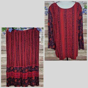 NWT Vintage Carole Little 3X Red Floral Skirt Set Maxi Broomstick Matching Shirt